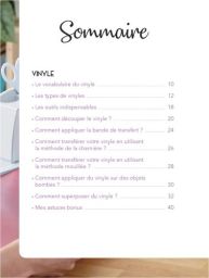 Page de sommaire du chapitre Vinyle détaillant le vocabulaire, les outils indispensables et les méthodes de transfert (charnière, mouillée, superposition).