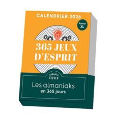 Boîte du calendrier “Almaniak 365 jeux d’esprit 2026”, édition Silver, format XL. La couverture est orange et verte, avec une ampoule stylisée et un labyrinthe en fond, symbolisant les défis cérébraux quotidiens.