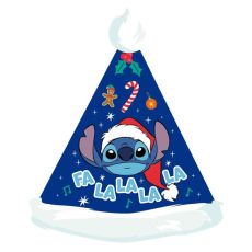 *Bonnet de Noël bleu avec motif de Stitch portant un bonnet rouge, décoré d’éléments festifs comme sucre d’orge, bonhomme pain d’épice, houx et flocons.