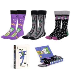 Pack de 3 paires de chaussettes Joker DC Comics – motifs colorés et boîte cadeau illustrée à l’effigie du Joker.