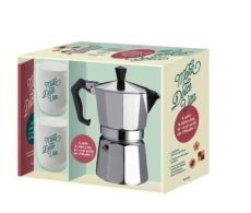 Boîte du coffret Moka Dolce Vita contenant une cafetière italienne en aluminium et deux tasses assorties, présentée sur fond crème avec design italien rétro.