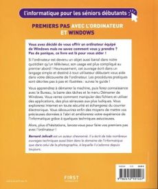 Quatrième de couverture du manuel pour séniors débutants détaillant le contenu : souris, clavier, e-mails, photos et sécurité.